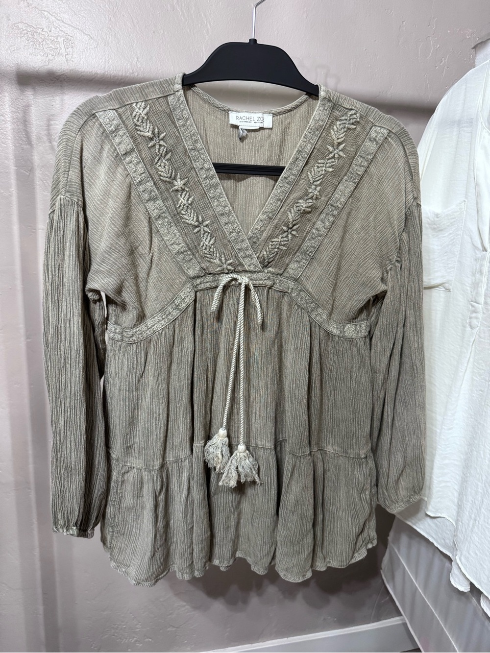 Rachel Zoe Olive-Taupe Embroidered V-Neck Peasant Tunic